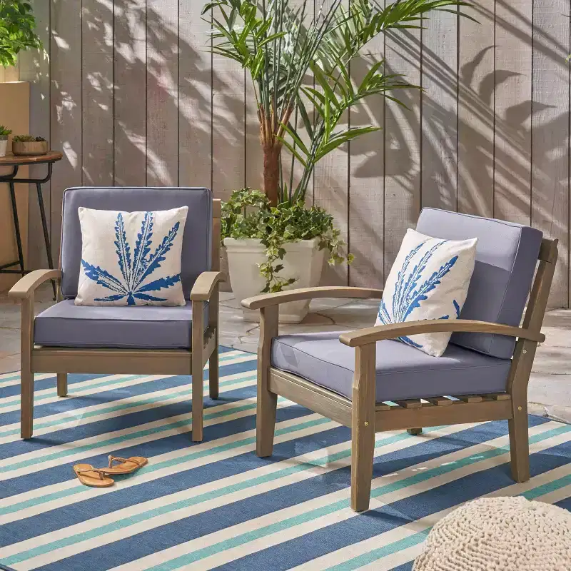 2pc Acacia Wood Patio Club Chairs - Gray - Christopher Knight Home: Weather-Resistant, Polyester Cushions