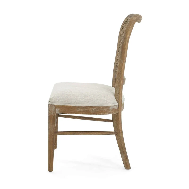 Farmhouse-style rubberwood dining chairs with rattan backrests (two chairs per set).