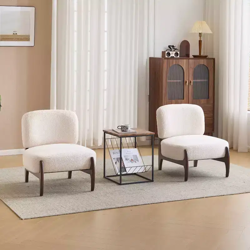 Set of 2 Modern Rubberwood Boucle Upholstered Accent Chairs
