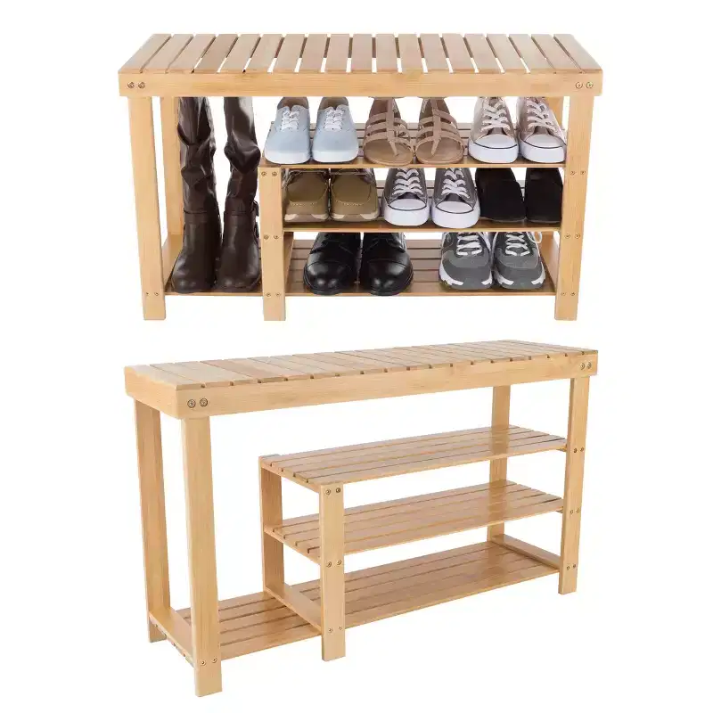 Hastings Home 3-Tier Bamboo Shoe and Boot Rack Bench with Seat Storage - Natural Wood