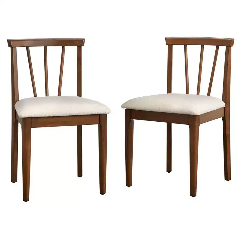 Modern Spindle Upholstered Dining Chairs Set of 2, Beige Linen Fabric, Walnut Legs