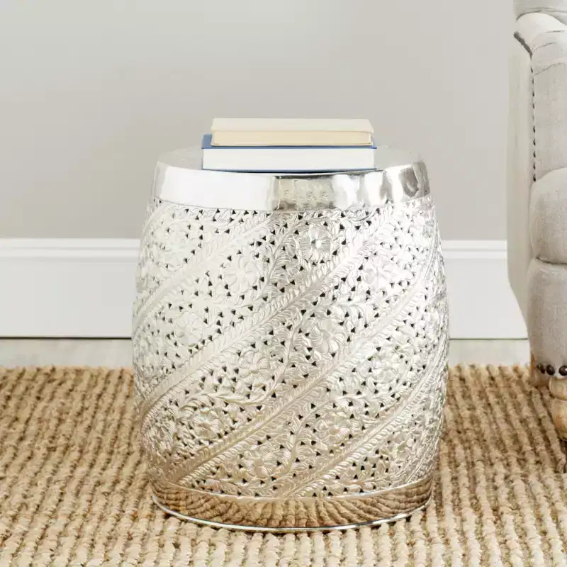 Cylinder Etched Aluminum Accent Stool/End Table, Nickel Finish, 18.8