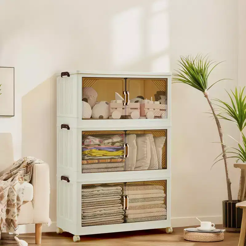 Multi-Tier Storage Cabinet with Doors & Wheels for Home Organization