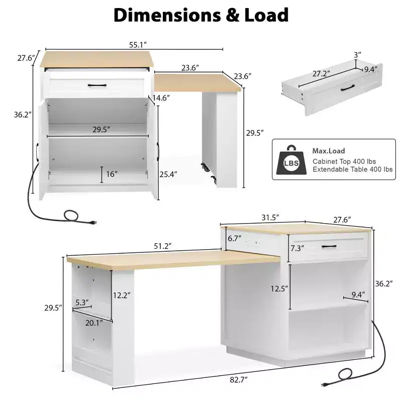 Kitchen with Dining Table, Kitchen Table with Outlet,2 Drawers 2 Side Shelves