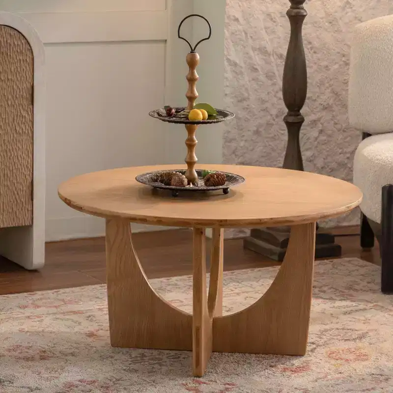 31.1 Round Wooden Coffee Table, Natural Oak Finish Coffee Table with Cut-Out Base for Living Room Farmhouse Spaces