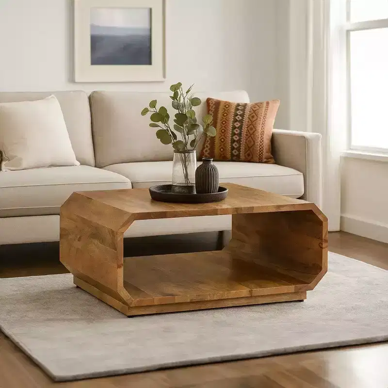Royal Hampton Coffee Table Handcrafted Hollow Cube Shape Natural Brown Mango Wood, 30 Inch -