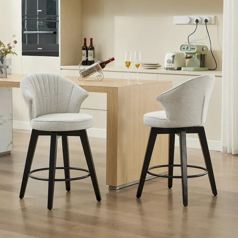 White / Blue / Dark Grey Swivel Bar Stools, Set of 2, Chenille Cushioned Counter Height Chairs with Metal Legs