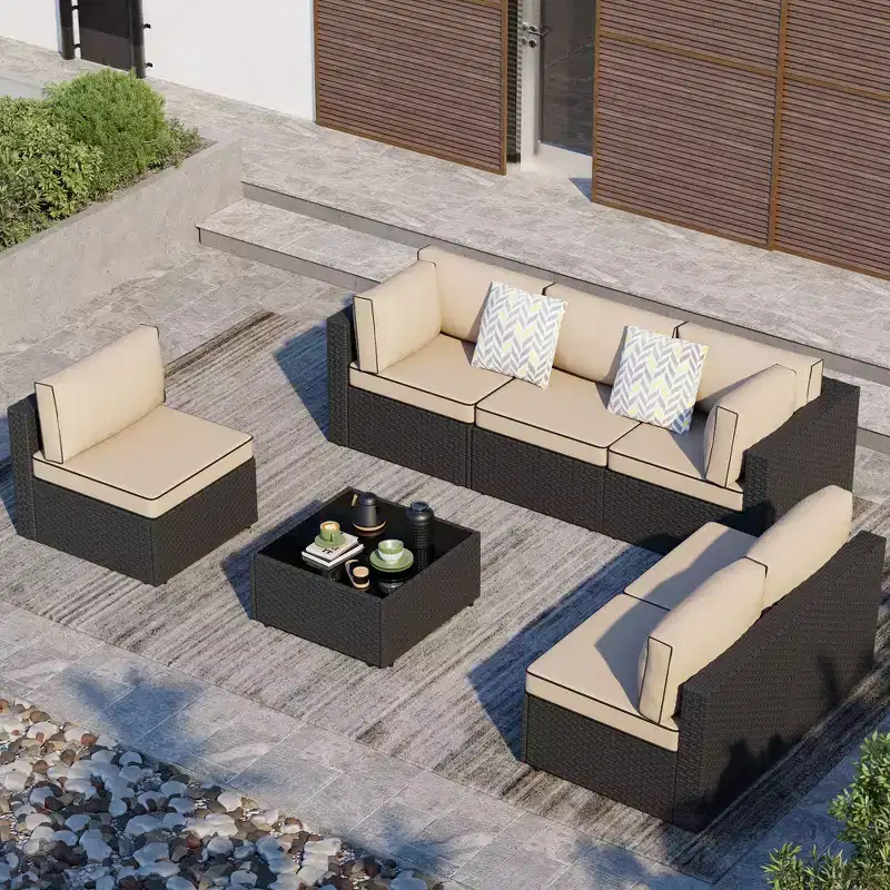 Celebalcony 7 Pieces Outdoor Sectional Sofa Patio Furniture Sets. Black Wicker Rattan Patio Conversation Sets with Cushion and Glass Table