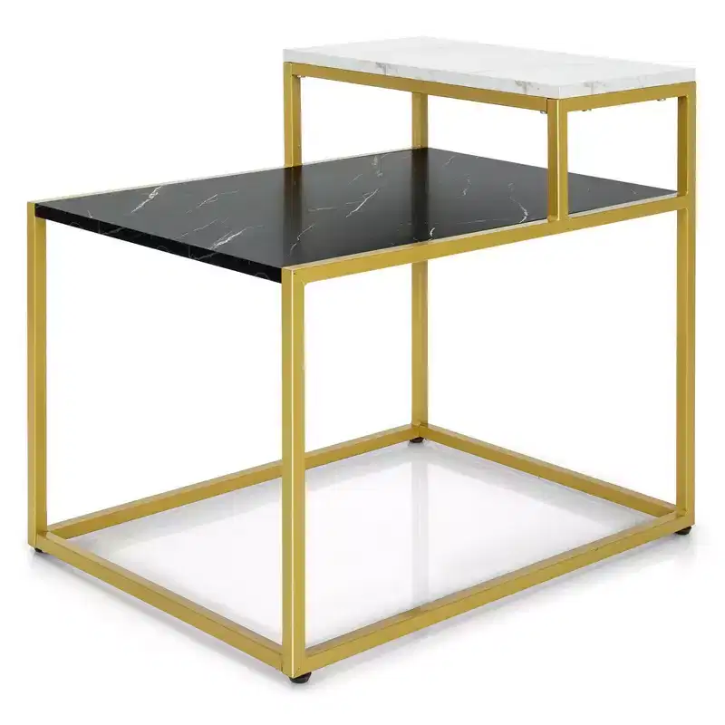 2-Tier End Side Table, Metal Frame Nightstand with Storage Shelf for Living Room