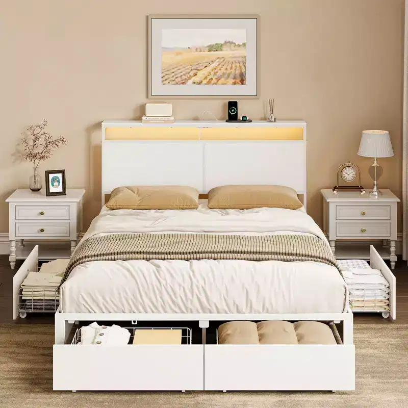 Modern Bed Frame with 4 Storage Drawers, LED Headboard and Charging Station