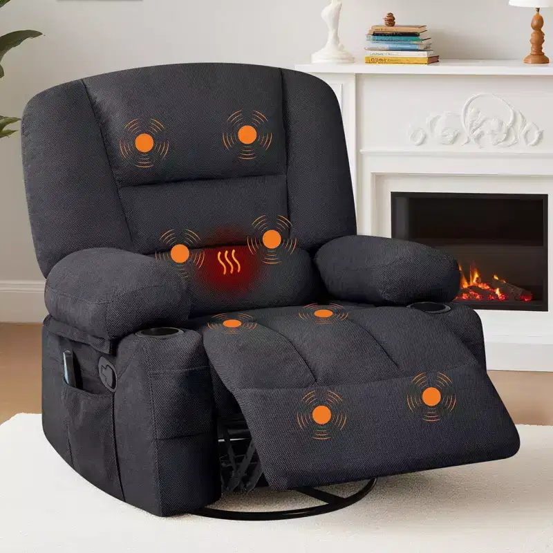 Massage Recliner Chair for Adults, 360 Swivel Rocking Chair with Massage& Heating, Glider Recliner Chairs with Storage and Cup Holder