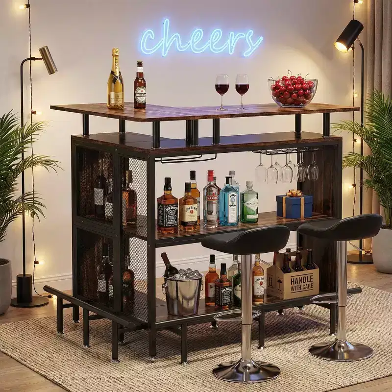 MAYEERTY L-Shape Corner Home Bar Cabinet, Metal & E1 MDF Liquor Storage with 12 Wine Glass Racks & Footrest, Metal Mesh Bottle Guard