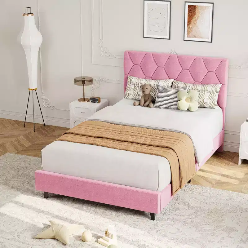 Bed Frame with Upholstered Headboard ,No Box Spring Needed, Noise Free, Easy Assembly, Pink