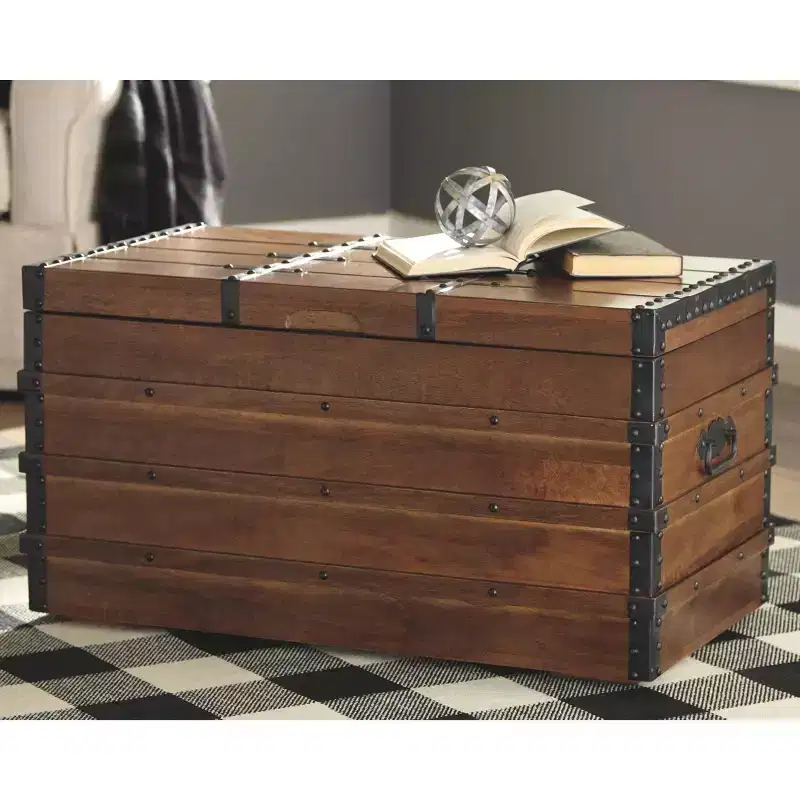 Vintage-Inspired Storage Trunk, Brown Wood with Black Metal Hardware