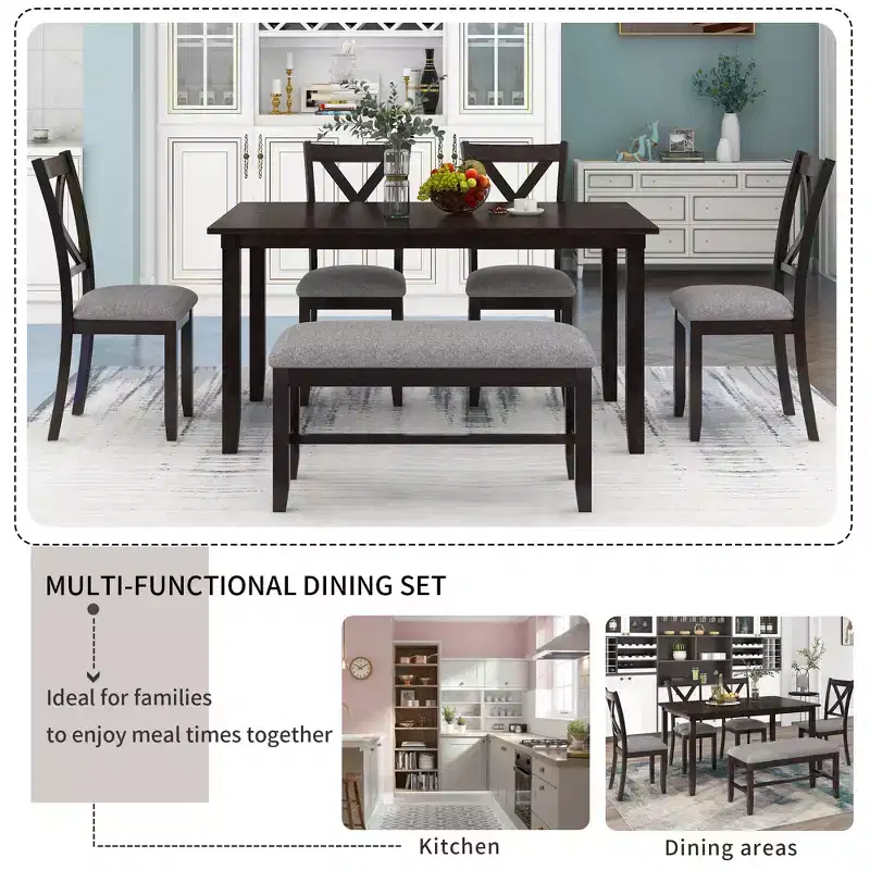 Whisen 6-Piece Wooden Rectangular Kitchen Dining Table Set with 4 Fabric Chairs and Bench