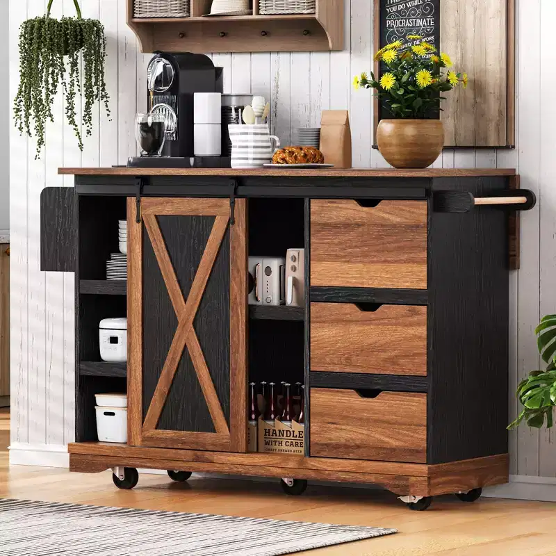 55.5 Farmhouse Kitchen Island with Sliding Barn Door, Drop Leaf, 3 Drawers, Power Outlet, Rolling Cart with Spice & Towel Racks