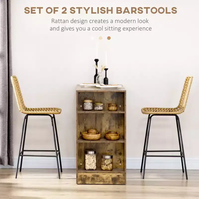 Vatros Rattan Bar Stools Set, 26 Counter Height Barstools, Boho Kitchen Island Stools with Breathable Wicker Seat and Back