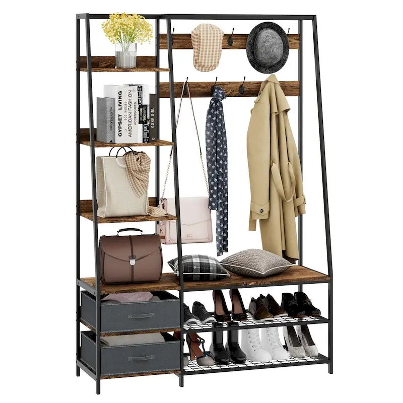 6-in-1 Freestanding Hall Tree Coat Rack w/ Bench & Fabric