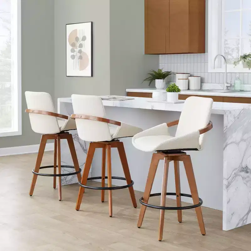Mid-Century Counter Height Barstool, Walnut Bamboo Frame, Cream Fabric, 360° Swivel