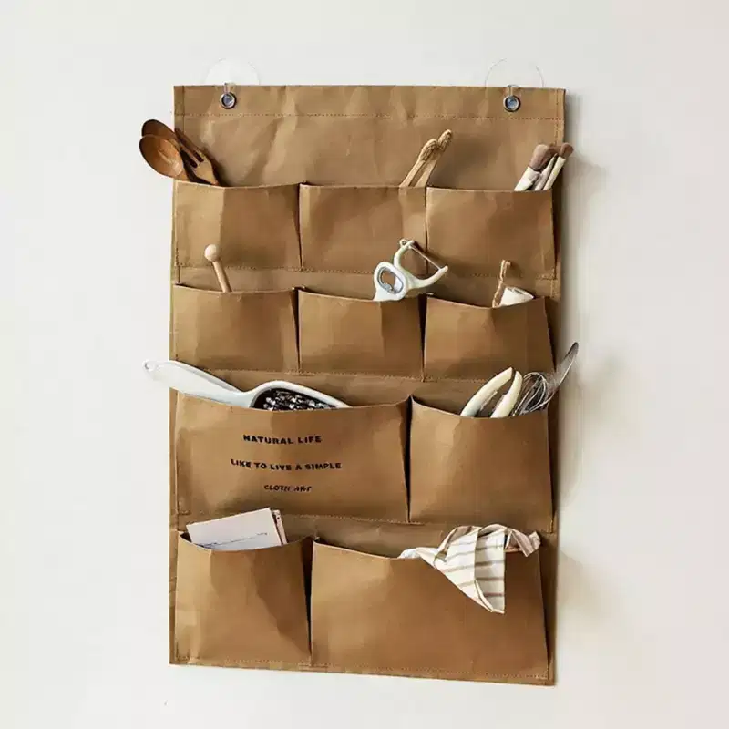 Multi-Pocket Hanging Wall Organizer with Durable Canvas Design, Khaki
