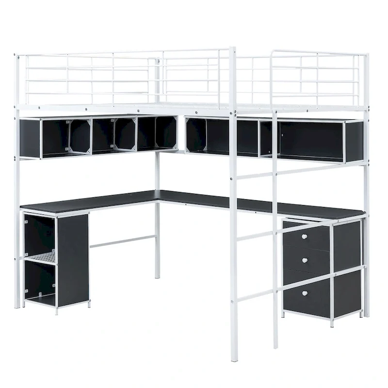 Metal Loft Bed with Bookcase, Desk and Cabinet