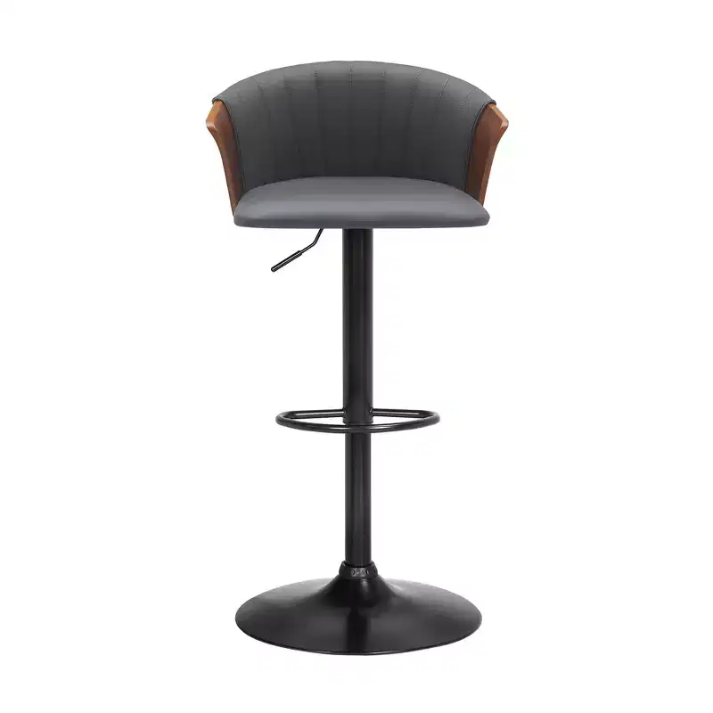 HomeRoots Gray and Black Faux Leather with Metal Swivel Adjustable Height Bar Chair