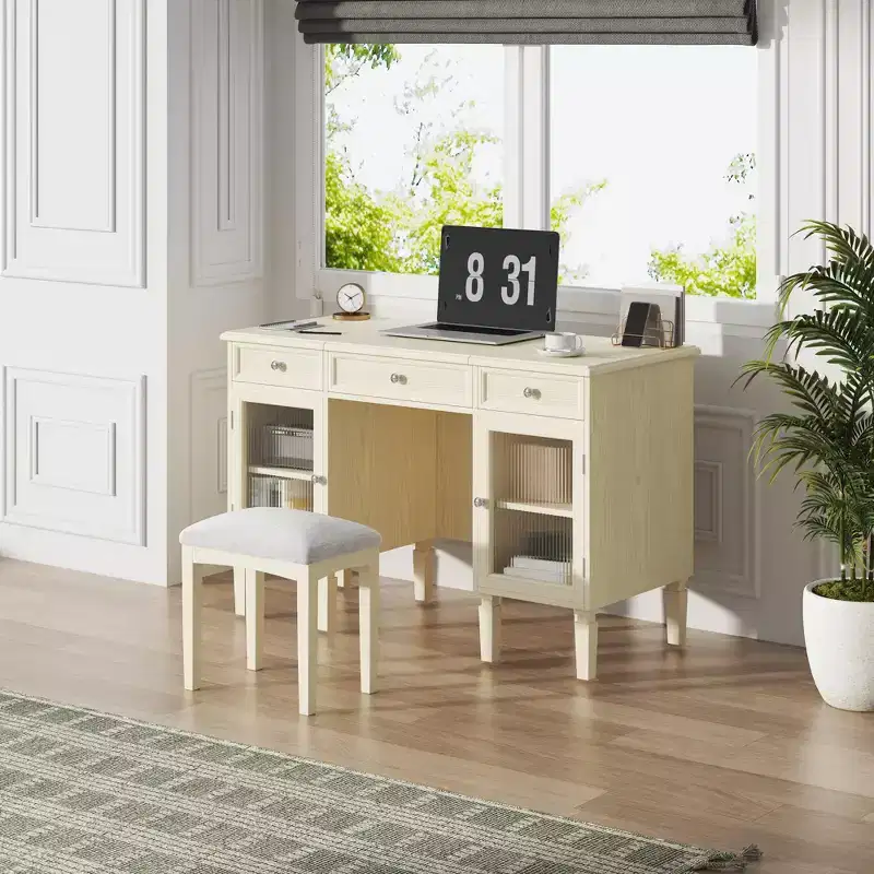 ModernLuxe Makeup Vanity Desk with Flip-Top Mirror, Stool, Drawer & Cabinet, White Vanity Table Dressing Table Multi-Functional Computer Writing Desk