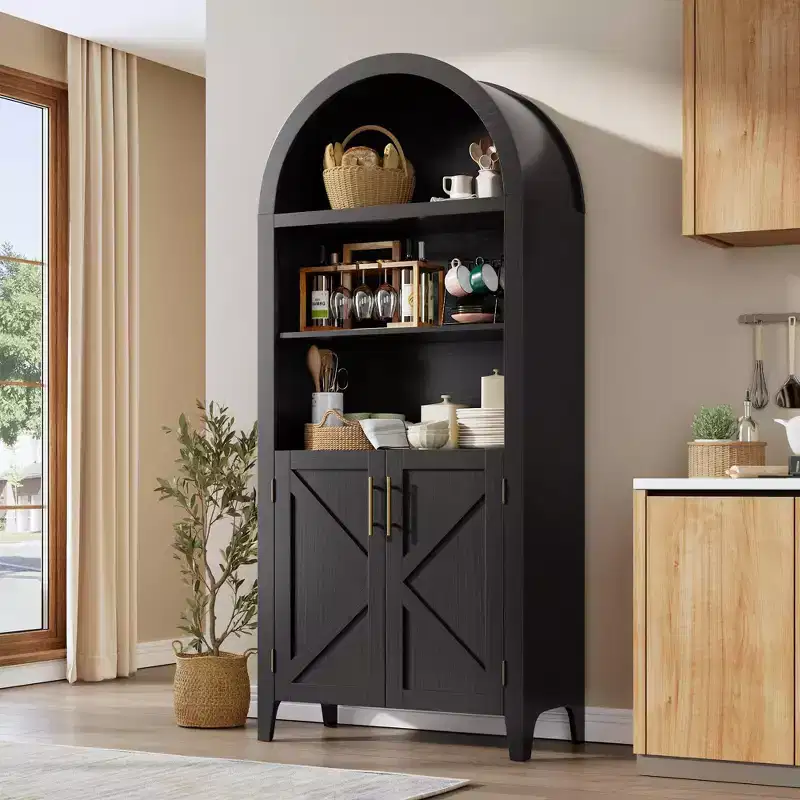 COZONY Arched Bookcase with Doors, 5-Tier Modern Bookshelf with Storage Cabinet, Open Display Shelf for Living Room Home Office