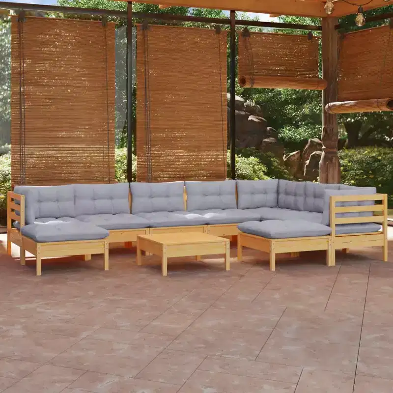vidaXL Solid Pinewood Patio Lounge Set - 10 Piece Gray Cushion Garden Sofa, Modular, Easy Clean, Indoor/Outdoor Living
