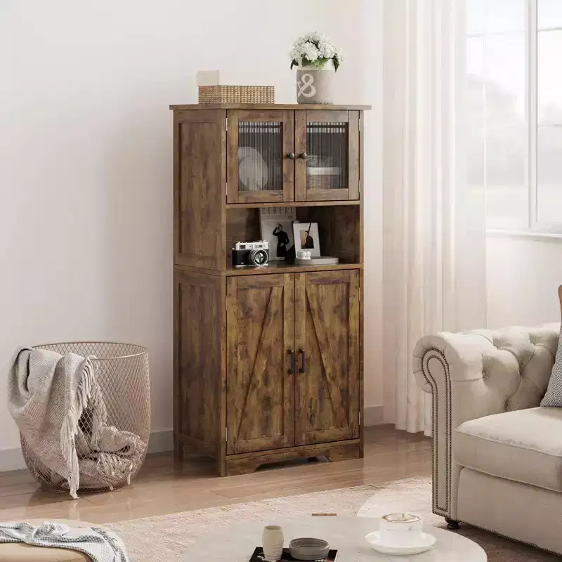 Hutch Bar Cabinet with Glass Doors, 54 Tall Pantry Storage Cabinet with Adjustable Shelves for Living Room