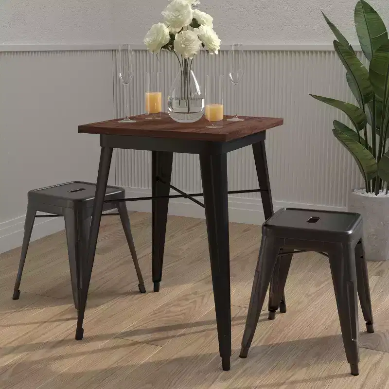 23.5 Steel Indoor Contemporary Table With Square Rustic Wood Top