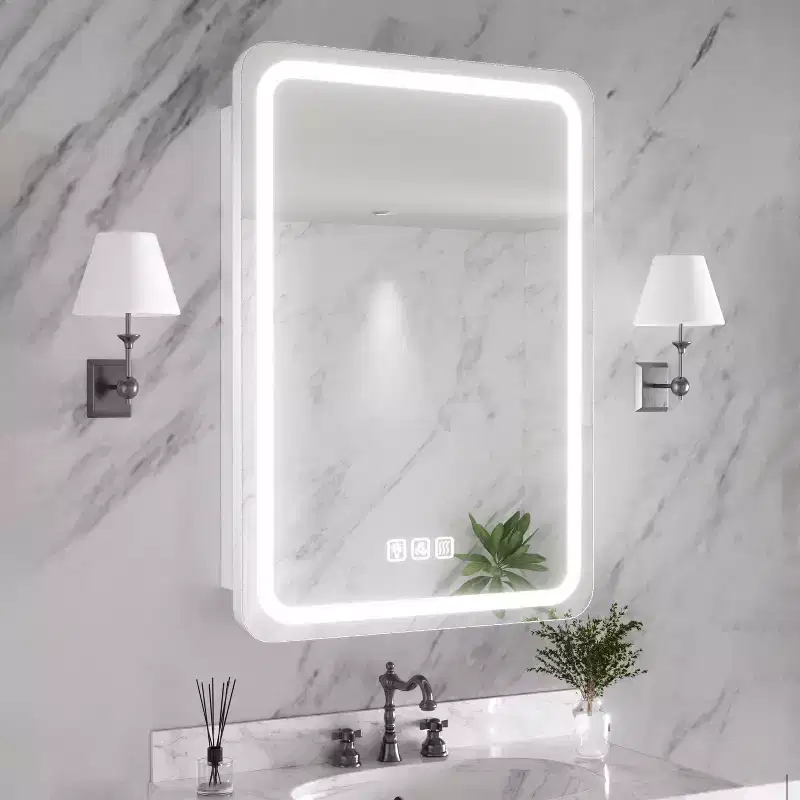 FAMYYT 20 in. W x 28 in. H Rectangular Iron Medicine Cabinet with Mirror, Dimmable LED Light, Anti-Fog and Outlets - Fully Assemble