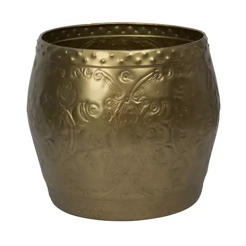 Debossed Metal Drum Side Accent Table, Brass Finish, Iron Frame, Round Shape