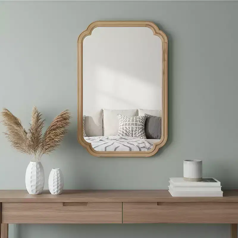 24 x 36 Rounded Corner Solid Wood Frame Decorative Mirror Modern Farmhouse Wall Mirror For Bedroom Bathroom Living Room Entryway Natural