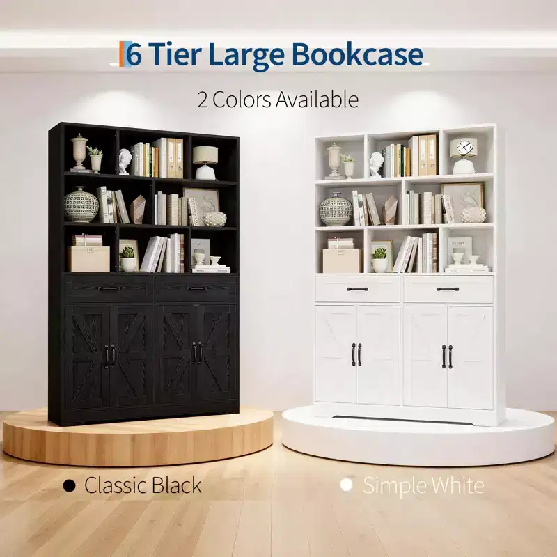 Large Wooden Kids Bookcase, 2 Drawers, 4 Doors, 6-Tier Storage Cabinet, Spacious Organizer Shelf, for Living Room, Office