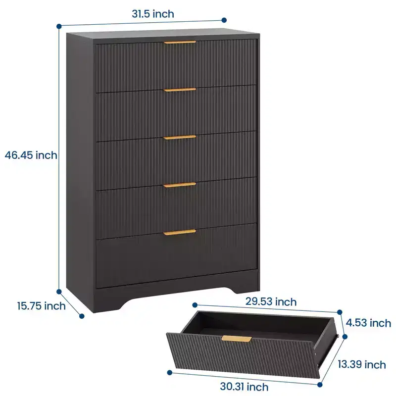 Fluted 5 Drawer Dresser for Bedroom, 47 in Tall Modern Chest of Drawers with Gold Metal Handles, Wood Dresser for Closet, Hallway, Entryway
