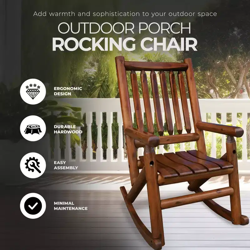Leigh Country Porch Rocking Chair with Z Frame Design, Clear Coat of Varnish, and Contoured Seating for Patio Rocking Chairs, Brown