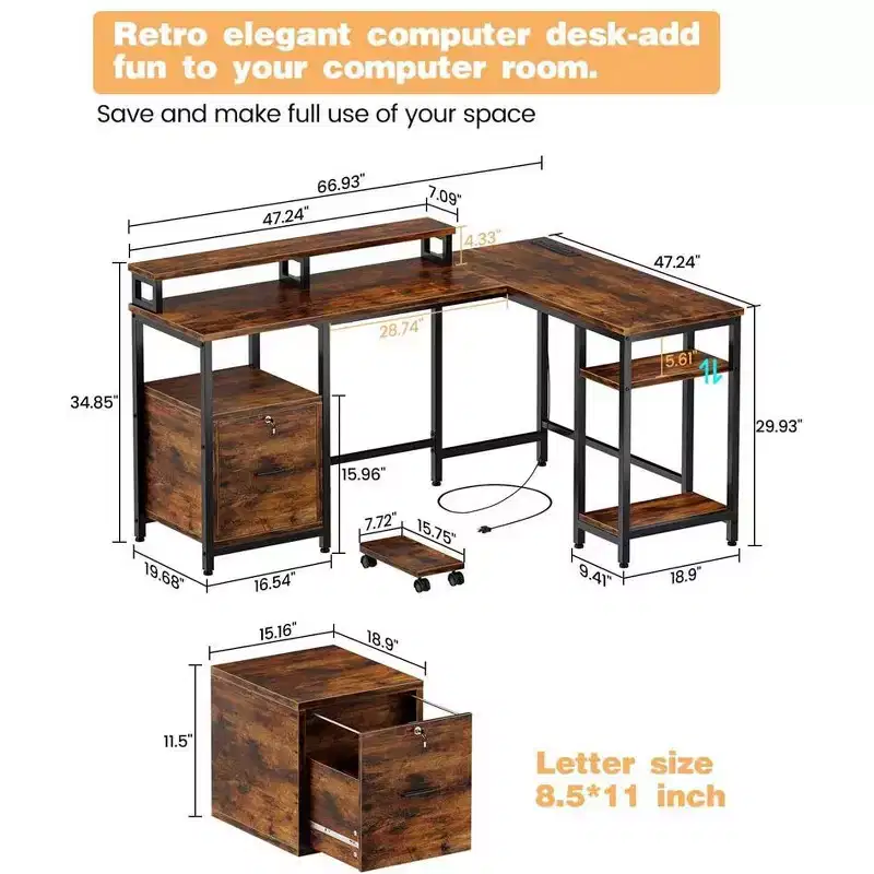 67-Inch L-Shaped Computer Desk with Power Outlet – 66.9