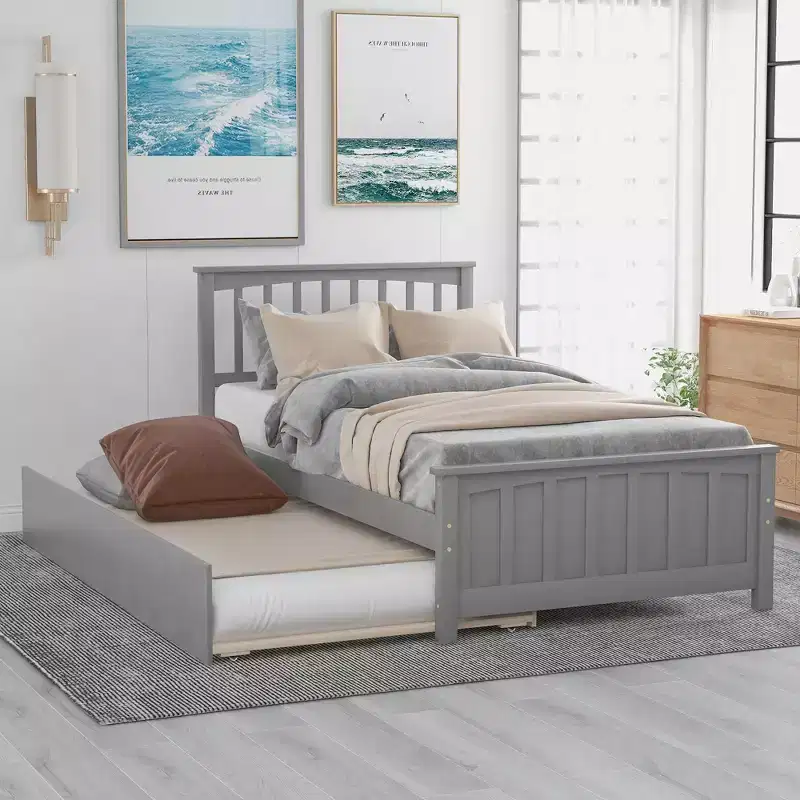 with Trundle, Wood Bed Frame with Headboard and Footboard for Bedroom