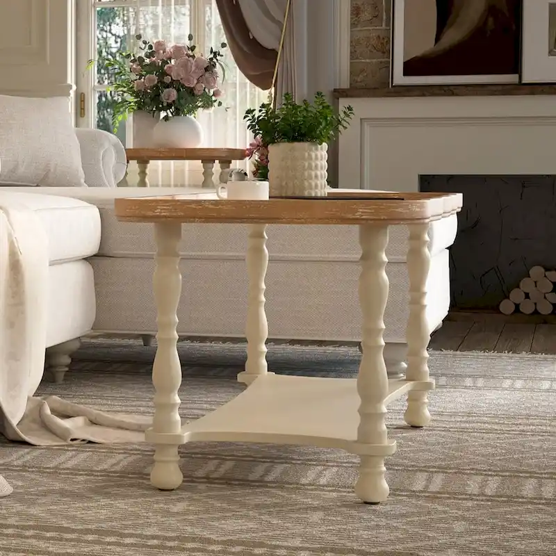 French Farmhouse Coffee Table with Natural Tray Top and Shelf