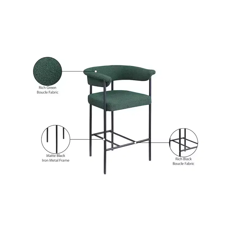 Green Velvet Counter Stool with Arms, Set of 2