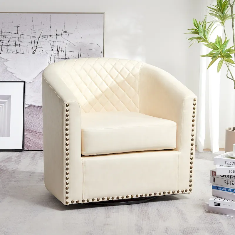 KINWELL 29 Wide Tufted PU Leather Swivel Barrel Chair