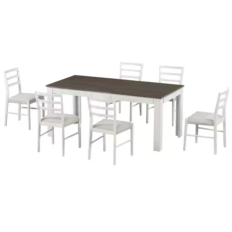 Whisen 7-Piece Wooden Dining Table Set Mutifunctional Extendable Table,12 Leaf and 2 Drawers, 6 Dining Chairs