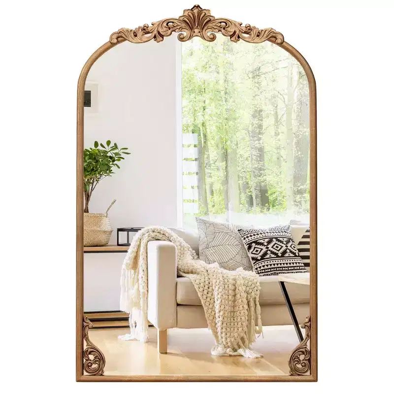 Gold Ornate Baroque Arched Wall Mirror with Metal Frame