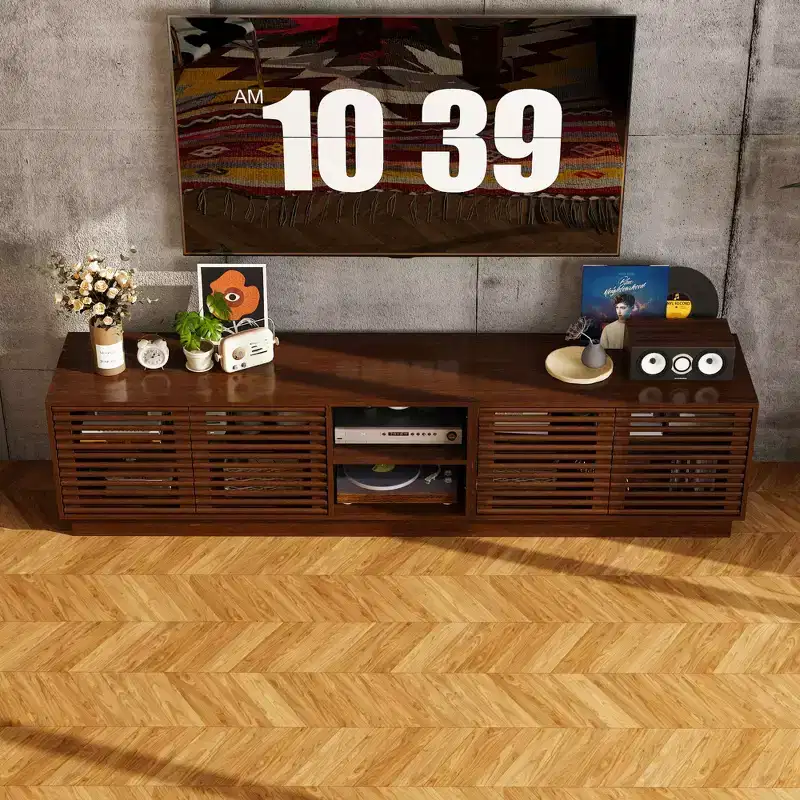 Rustic Brown Slatted-Door TV Stand with Storage Cabinets and Open Shelves