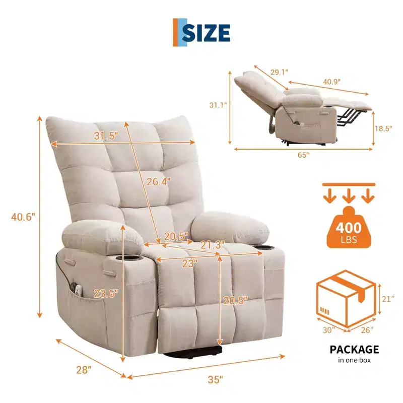 Power Lift Recliner Chair for Elderly with Massage and Heat, Oversized Swivel Rocker Recliner with Soft Padded Upholstery, Side Pocket & Cup Holders