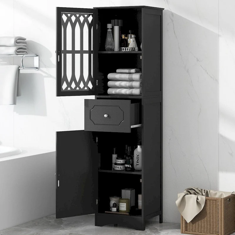 Freestanding Bathroom Storage Cabinet with Drawer and Doors, Adjustable Shelf