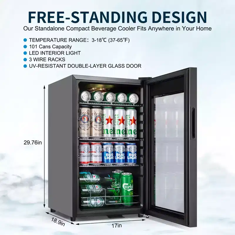 Hooure 17 in. 100-Can Beverage Cooler, Freestanding Drink Refrigerator with Glass Door & Adjustable Shelves
