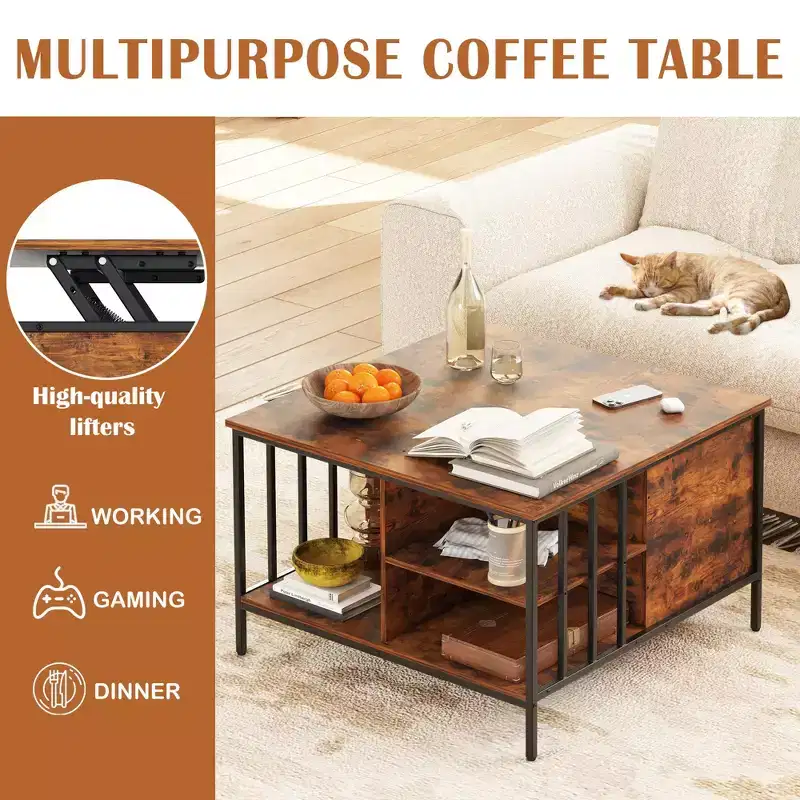 32H Farmhouse Lift Top Coffee Table,Adjustable Height(20.3-25.6)with Hidden Compartment&3 Shelves,110LBS Capacity for Living Room