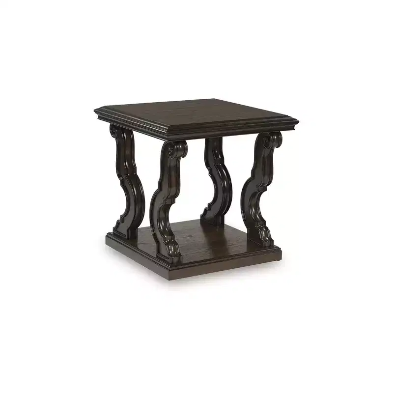 Signature Design by Ashley Maylee Square End Table with Ornate Scrolled Legs, Traditional Style, 24 Height, Dark Brown Finish